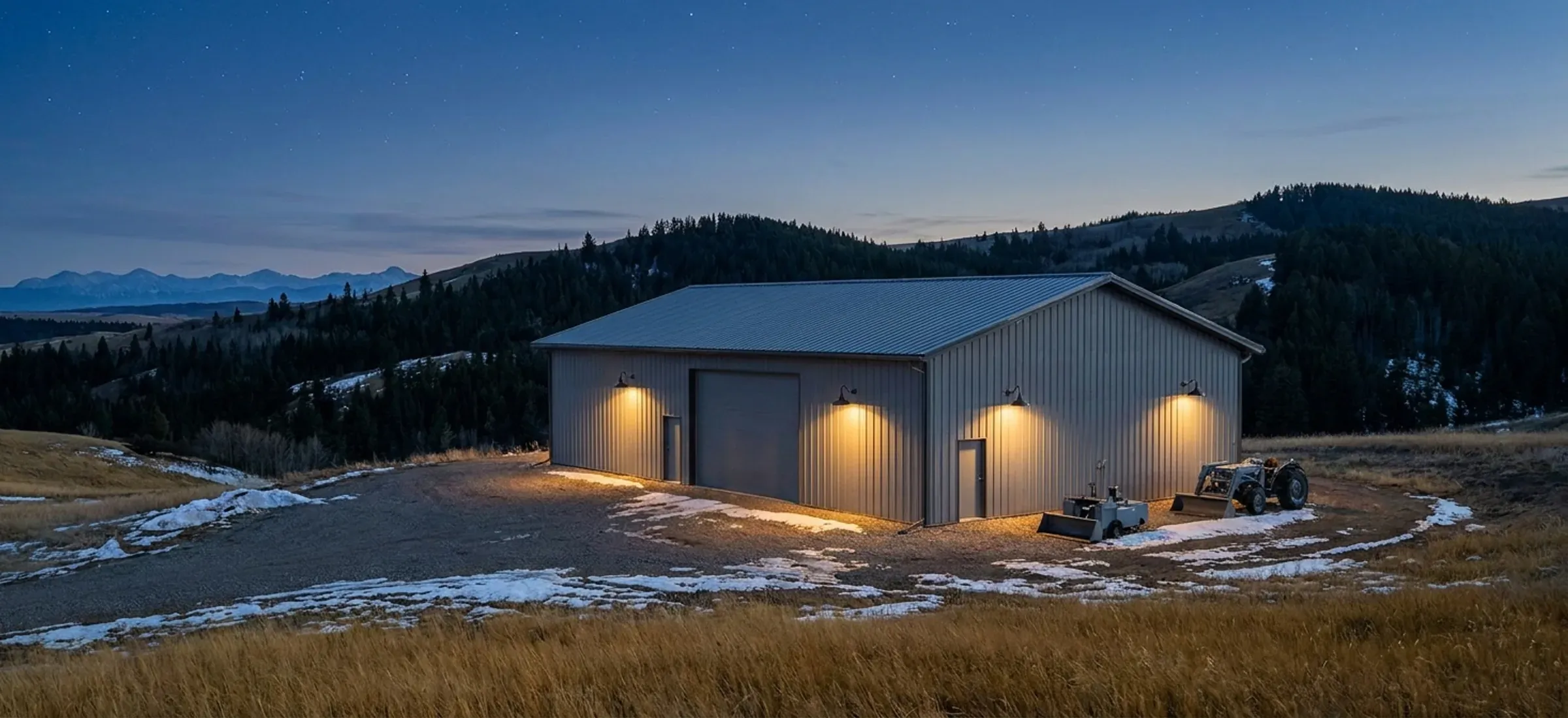 A steel shop on a foothills acreage with downward-facing lights and dark spruce hills behind