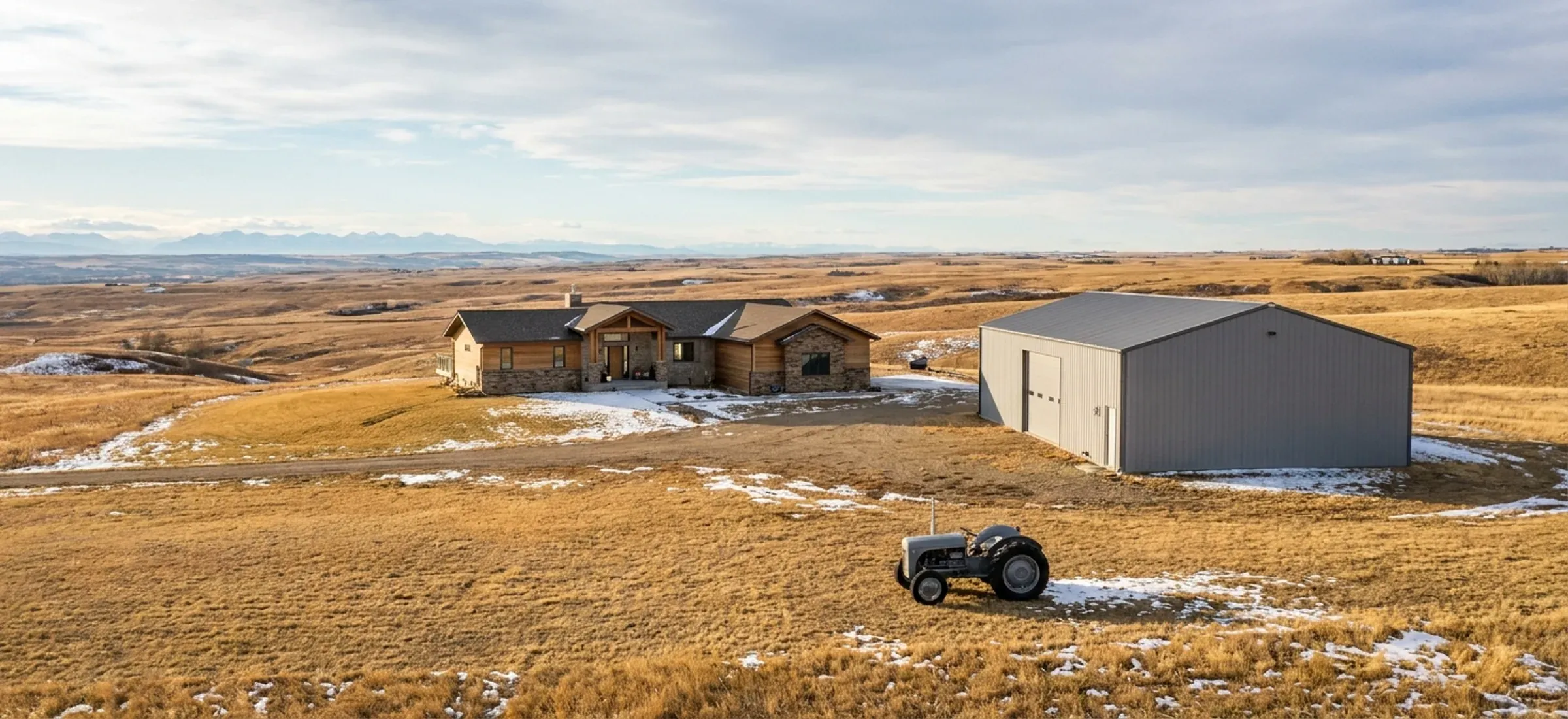 Large rural acreages on a ridge west of a city with a steel shop and a clear view of the mountains
