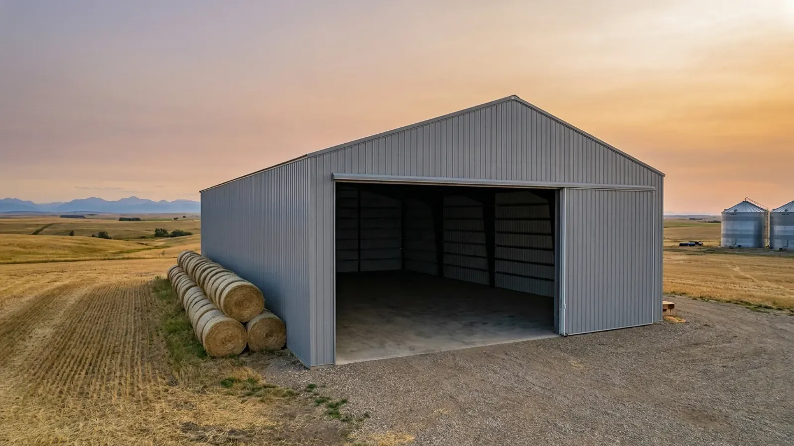 A tall steel machine shed with a wide open end door, round hay bales stacked beside it in a harvested field
