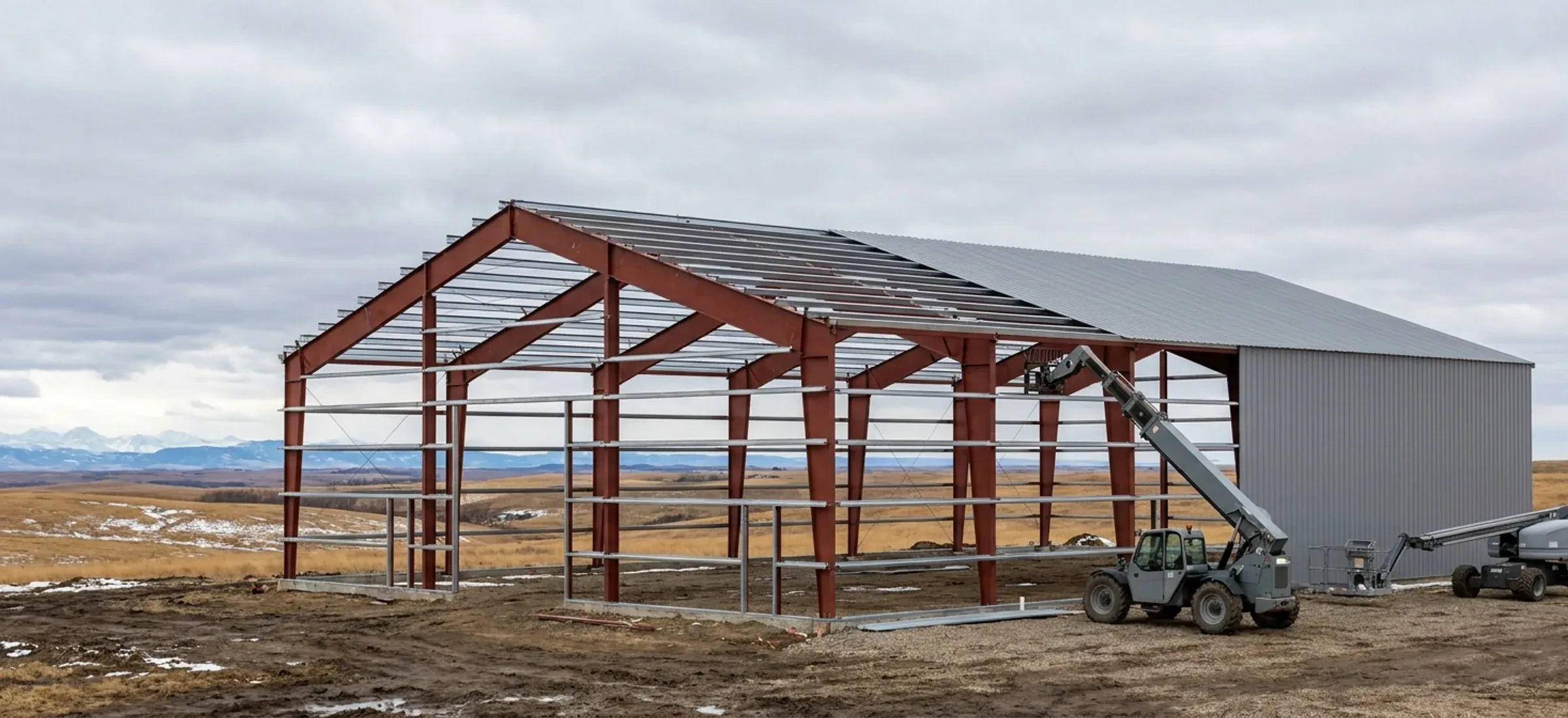 A steel building frame partly clad, showing the frames, purlins and panels that make up its cost