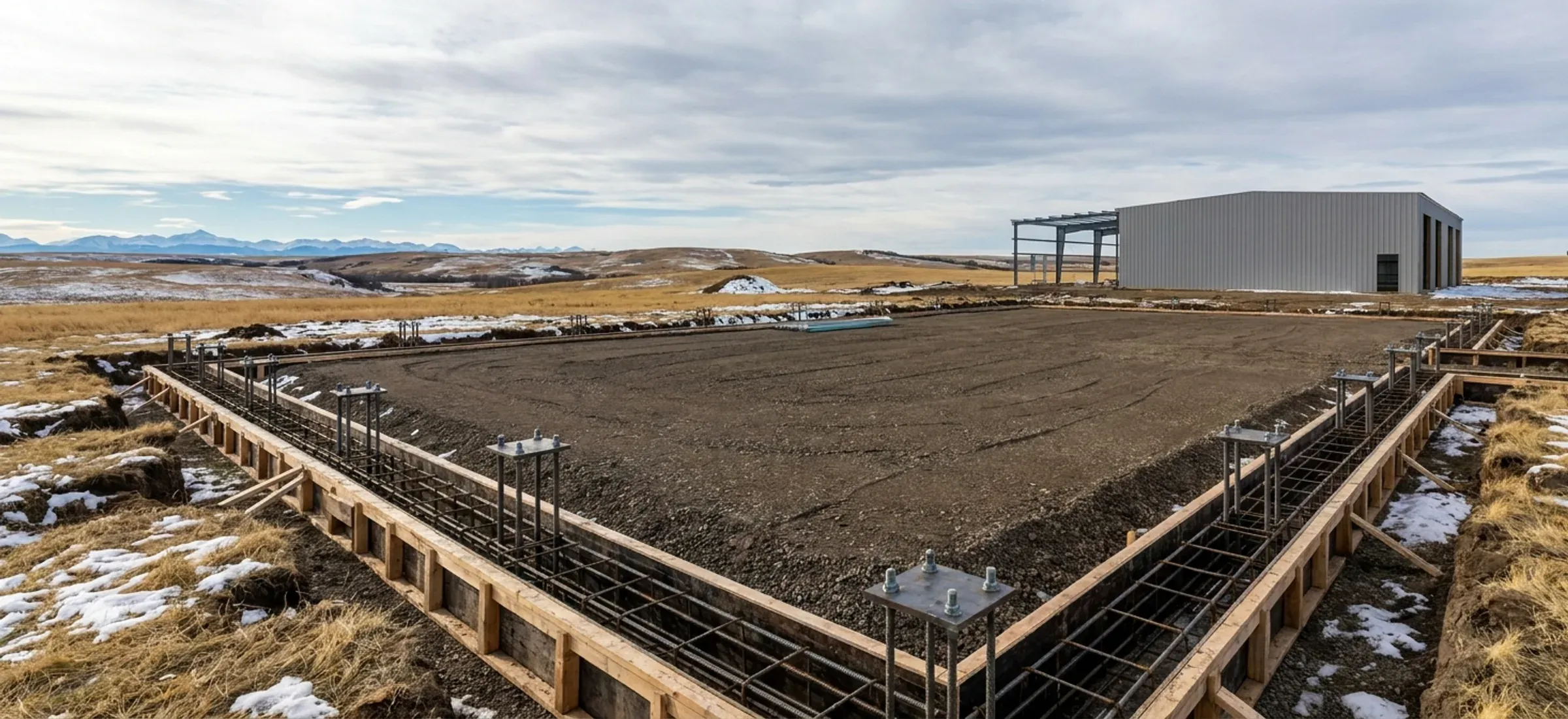 Concrete grade beam formwork and anchor bolt templates for a steel building before the slab pour
