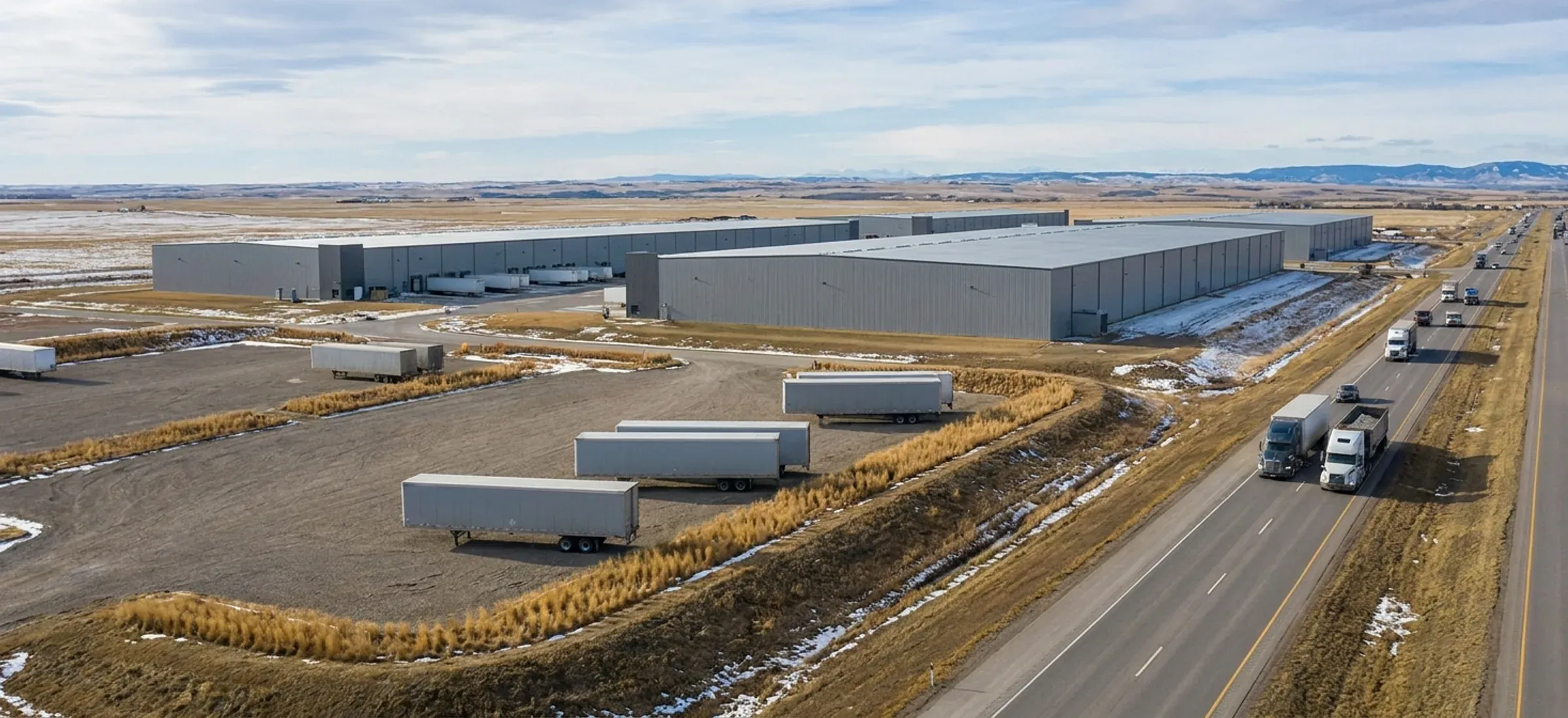 Large steel distribution and industrial buildings on flat prairie beside a highway corridor