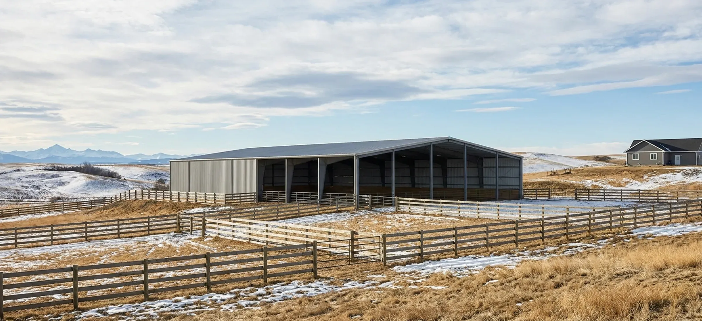 A steel riding arena on a horse property in rolling foothills with fenced paddocks